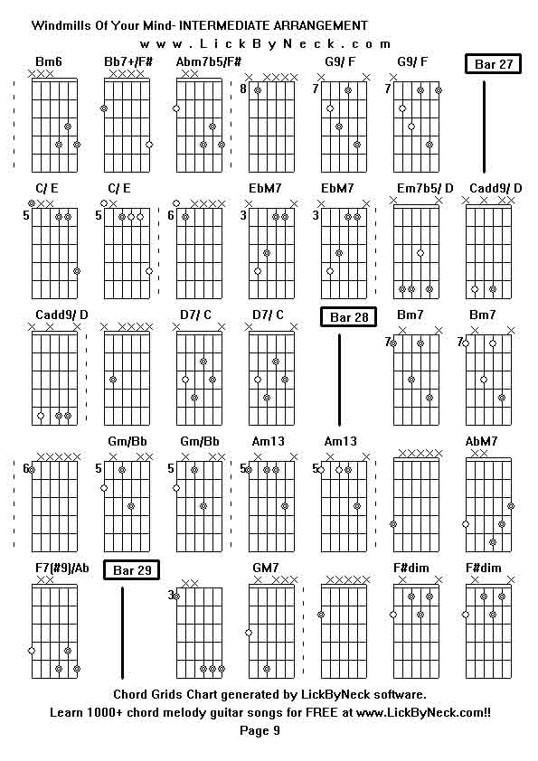 Chord Grids Chart of chord melody fingerstyle guitar song-Windmills Of Your Mind- INTERMEDIATE ARRANGEMENT,generated by LickByNeck software.